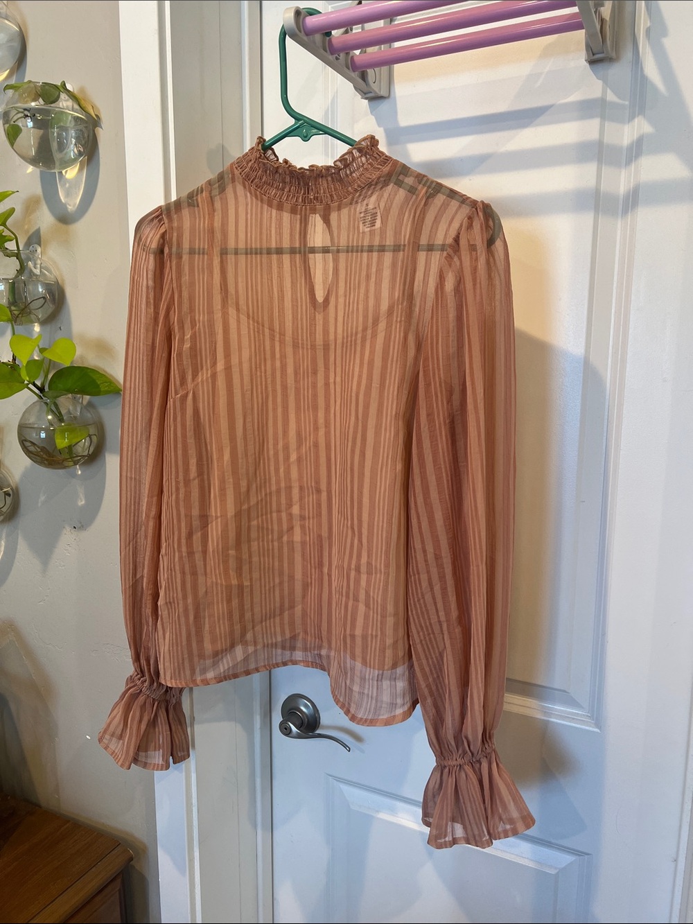 Ruffled High-Neck Sheer Blouse in Dusty Rose
